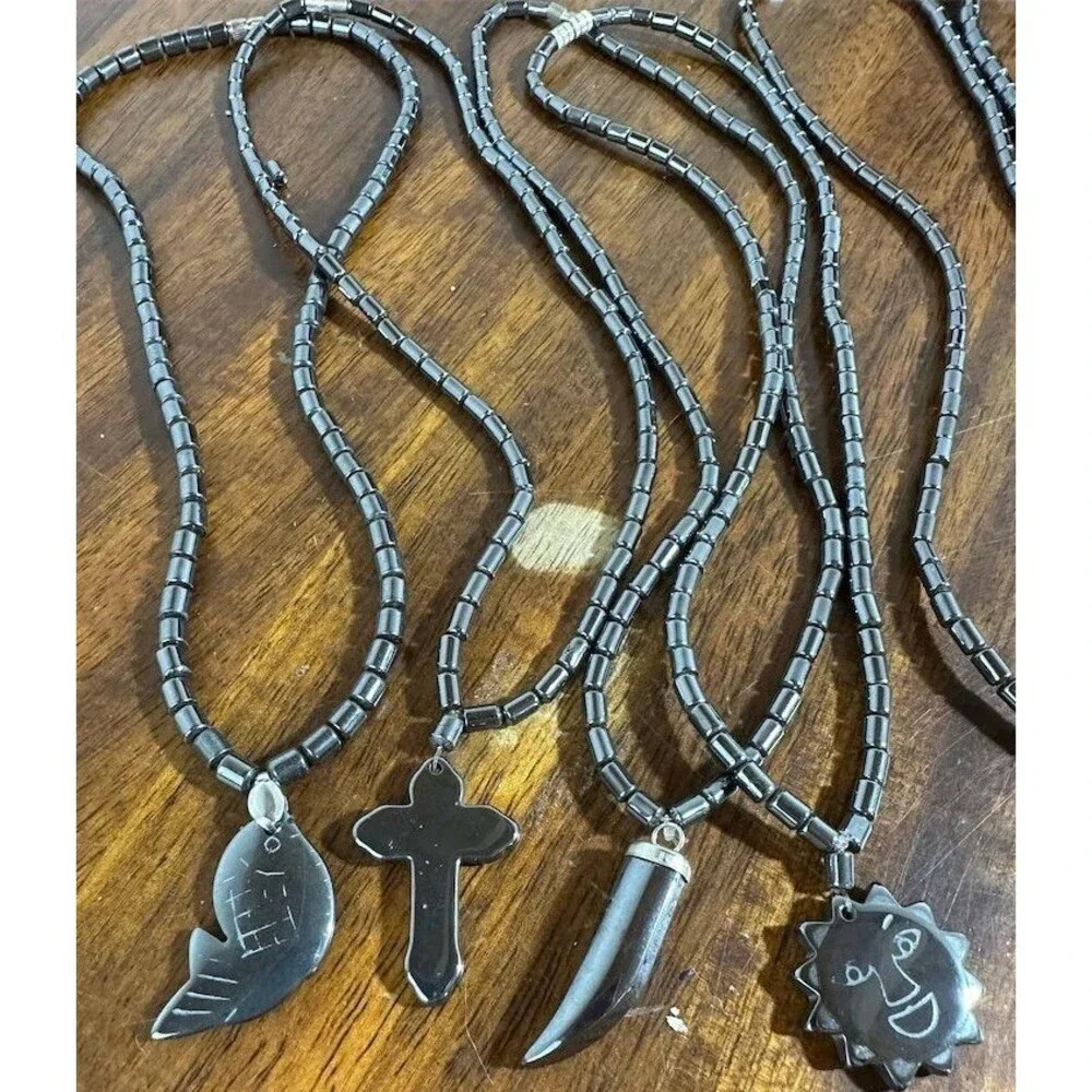 6Pc Hematite Stone Pendant Necklace Lot Fish Cross Anchor Horn Sun Heart